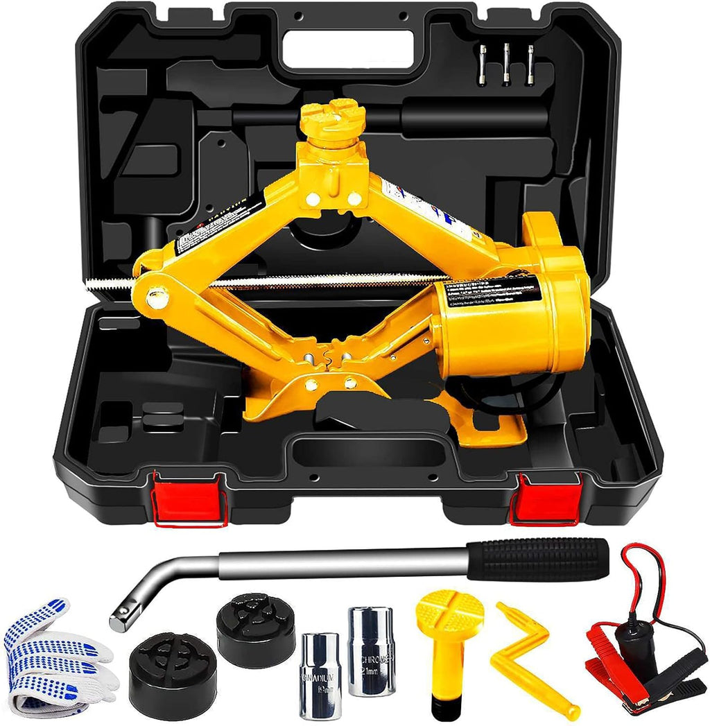 Electric Car Jack 3 Ton 12V Yellow Scissor Jack with Manual Wrench I63951